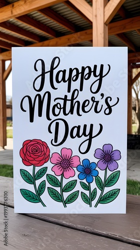 Happy Mother's Day greeting card with floral illustrations, elegant calligraphy message on white cardstock, spring flowers and rose design