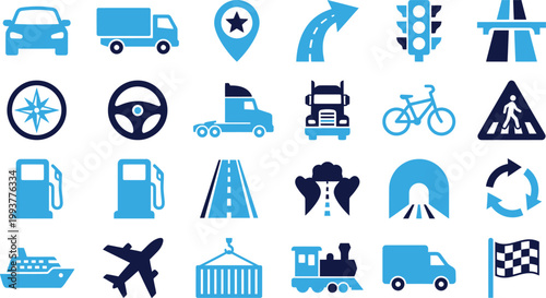Collection of blue and dark blue icons representing various modes of transportation including cars, trucks, bicycles, and airplanes.