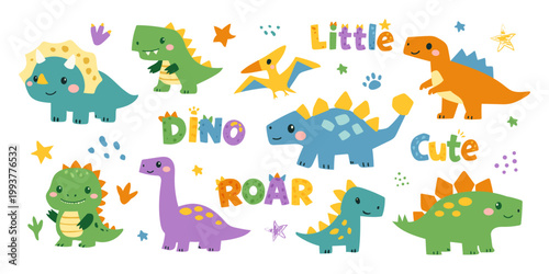 Cute dinosaurs vector set. Hand drawn doodle triceratops, stegosaurus, tyrannosaurus, diplodocus, pterosaur. Dinosaur comic character design for kids, print, clothes, poster, education, edutainment.