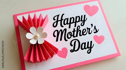 Handmade Happy Mother's Day card, pink paper greeting card with 3D pleated bow and hearts, DIY craft gift for mom with floral detail