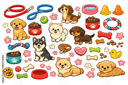 Colorful stickers of dogs and pet supplies on a white background showing playful scenes and items for pets to enjoy and play with