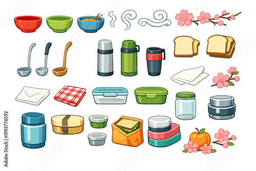 Various kitchen items and food containers arranged on a flat surface with a simple background that highlights their shapes and colors