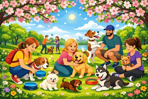 People enjoy a sunny day in the park with dogs and playful activities among blooming trees and green grass