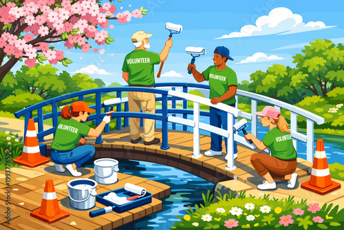 Group of volunteers painting a bridge in a park while surrounded by trees and flowers on a clear day