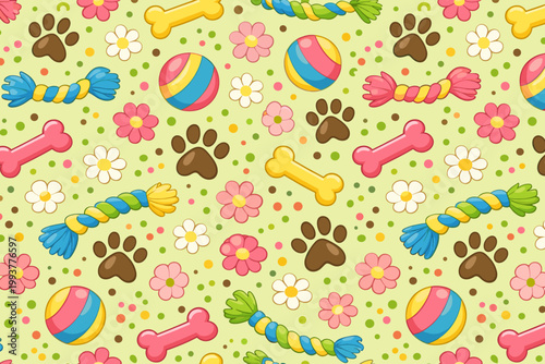 Colorful pattern of dog toys, flowers, and balls on a light green background for pet lovers and playful designs