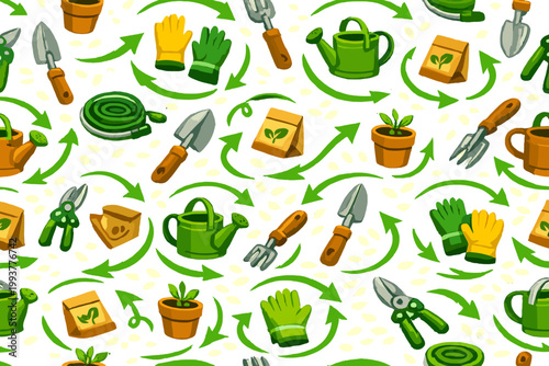 Garden tools and plants arranged in a repeating pattern on a white background show gardening activities and equipment used in planting