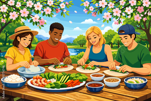 People prepare food together by a river on a sunny day with trees and flowers in the background