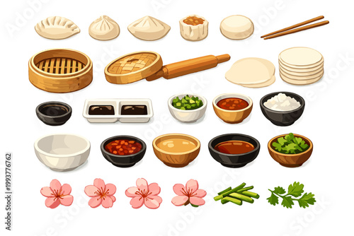 Different types of dumplings and sauces are arranged with chopsticks and cooking tools on a clean surface in a simple kitchen setting