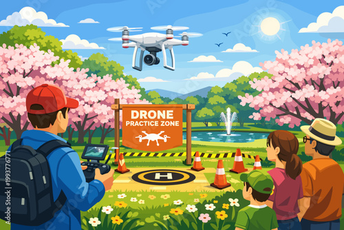 Crowd watches a drone flying above a park while practicing for piloting skills in springtime