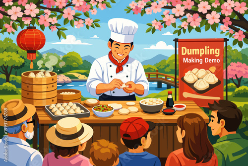 Dumpling making demonstration at an outdoor event with a chef and audience enjoying the display in a park