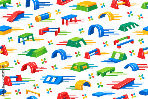 Colorful pattern of gym equipment and obstacles on a white background featuring various shapes and structures for physical activities