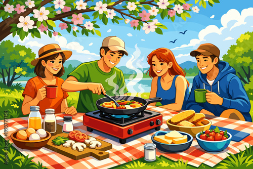 Friends have a picnic by the lake in spring while cooking food on a portable stove