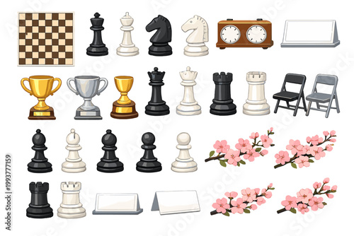 Various chess pieces, trophies, chairs, and cherry blossoms arranged in a neat layout for a chess event or competition