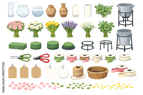 Various flower arranging supplies and tools displayed on a flat surface for crafting floral arrangements