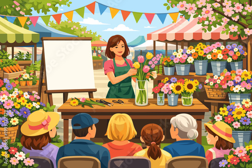 Flower arrangement workshop takes place at a market with colorful stalls and many flowers during a sunny day