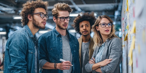 A group of young creative business people brainstorming, presenting, and discussing complex product release plans.