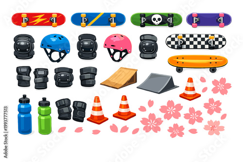 Different skateboarding items for sports and fun at a park or competition location