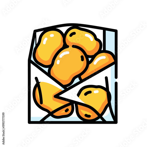 Crispy golden chicken nuggets in a paper container, fast food icon