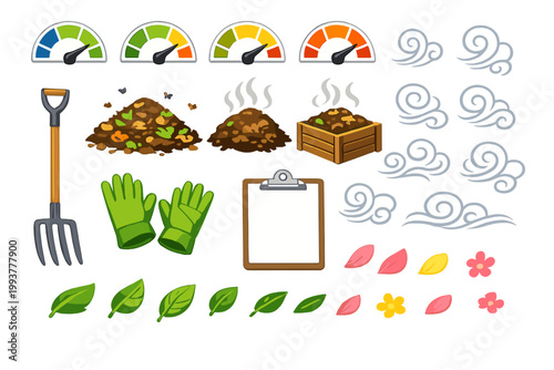 Tools and elements for gardening and composting in various stages