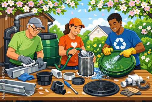 Friends work together to clean and organize recycling materials in a backyard during sunny weather