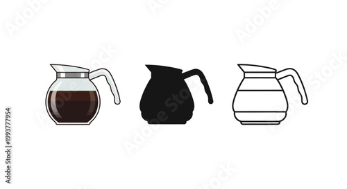 Three coffee carafes and silhouettes in minimalist icon set.