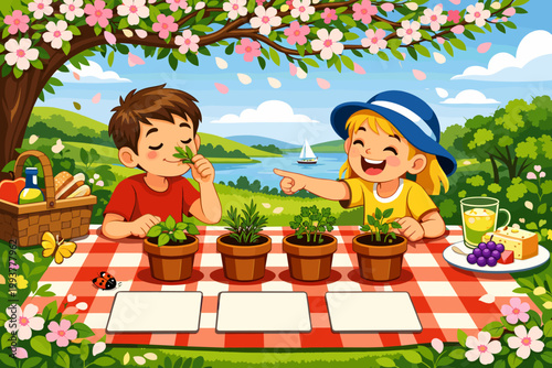 Children enjoy time in the park while planting herbs on a sunny day with a picnic setup beside them