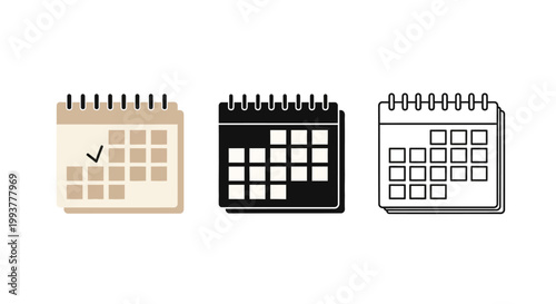 Three minimal calendar icons showing selected date with checkmark.