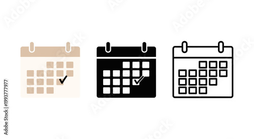 Set of three calendar icon illustrations with checkmarks in different styles.