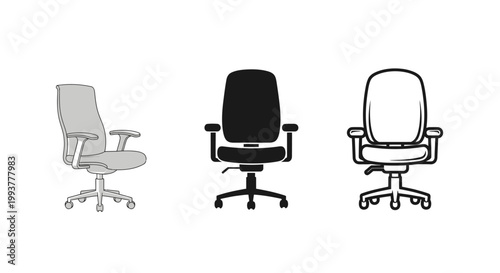 Three simple office chair illustrations showing different seat styles and outlines.