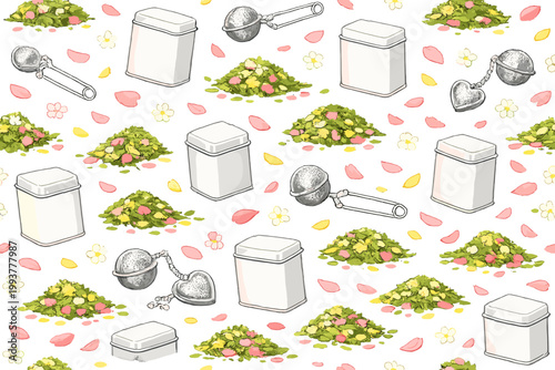 Tea and herbs with tools on a white background showing various types of containers and tea infusers with herbal ingredients