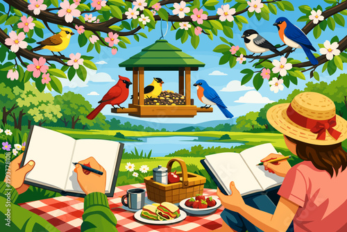 People enjoy a picnic by a lake while watching birds at a feeder on a sunny day in springtime