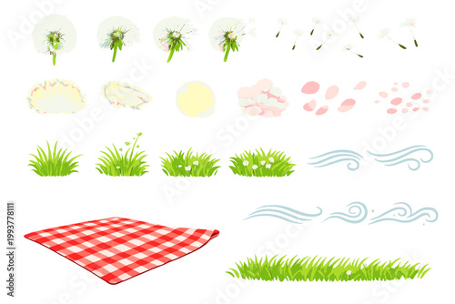Dandelions and blanket for a picnic in a grassy area with sunshine and gentle winds in a spring setting