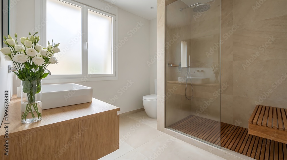 Fototapeta premium Modern bathroom interior with a glass shower and floral arrangement