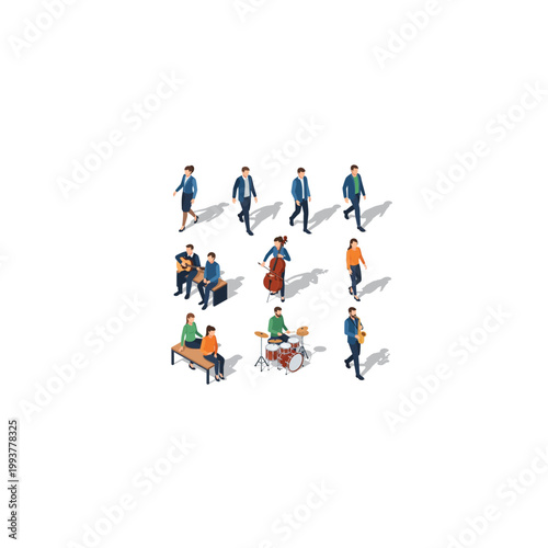 Isometric People and Musicians Vector Set. Walking Professionals, People Sitting on Benches, and Band Members Playing Guitar, Cello, Drums, and Saxophone for Urban and Social Infographics.