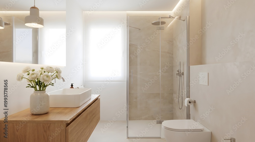 Fototapeta premium Modern minimalist bathroom interior with warm neutral tones