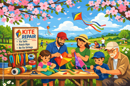 Families work together on kite repair at a park during a sunny day to prepare for kite flying in the afternoon