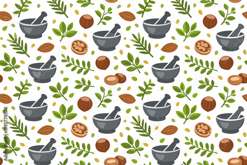 Pattern with mortar and pestle, nuts, and leaves on a white background showing an arrangement of kitchen elements