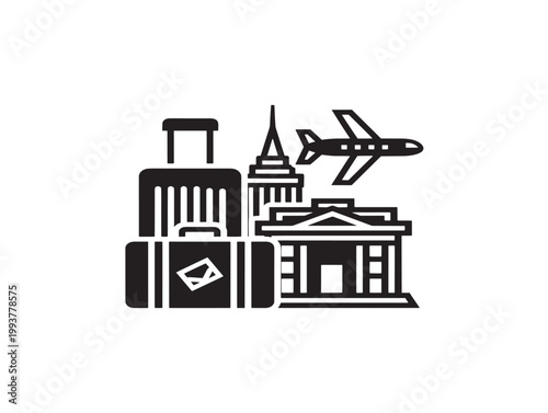 travel essentials set with airplane and landmarks flat design vector illustration