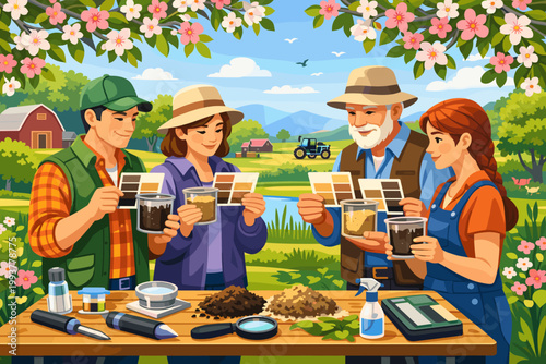 Group of people examine soil samples and color charts in a garden setting with trees and mountains during a sunny day