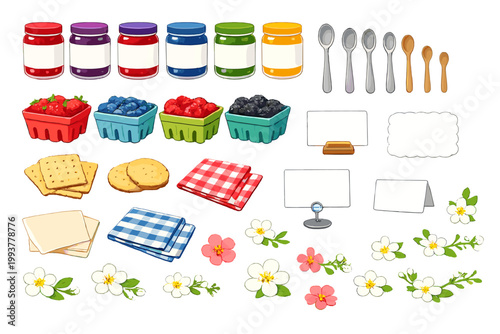 Items for a dessert table with fruits, jars, cookies, and utensils arranged for a fun gathering in a kitchen setting