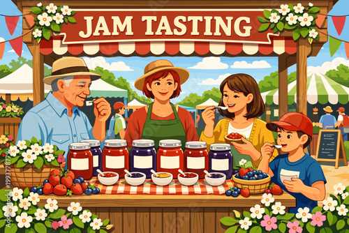 Family enjoys jam tasting at a local market on a sunny day during a summer festival