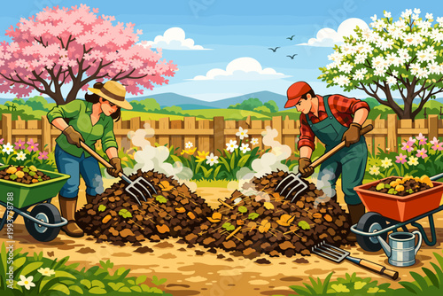 Gardeners work together to turn compost and prepare soil in a sunny backyard surrounded by trees and flowers