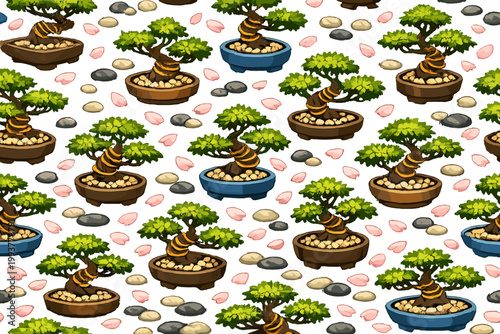 Bonsai trees in different pots surrounded by stones and petals in a repeated pattern design