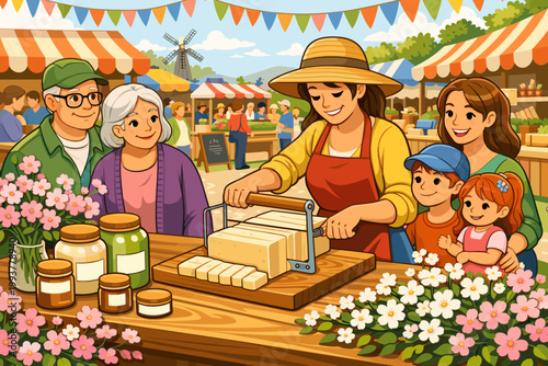 Cheese vendor helps customers at a local market in a sunny setting during the daytime