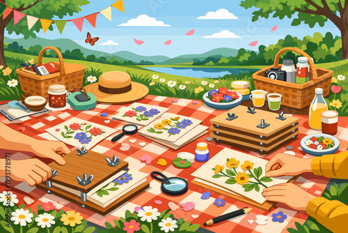 People craft flower presses on a picnic table in a park with trees, a lake, and blue skies on a sunny day