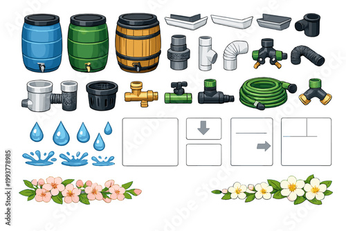 Tools and parts for water collection system with rain barrels and accessories for gardening and utility use