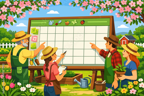 Group of people planning on a garden chart in a community garden during a sunny day