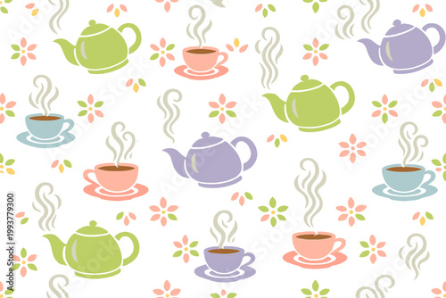 Colorful teapots and cups on a white background with flowers showing warm drinks and cozy moments during afternoon tea