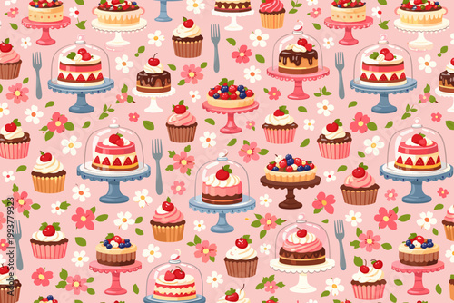 Various types of cakes and desserts are displayed on stands with flowers in a pink background at a bakery setting