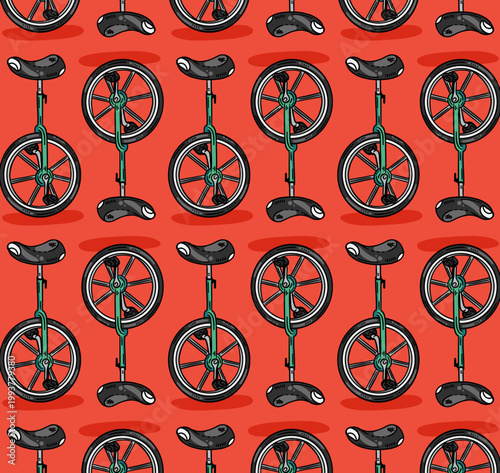Retro unicycle repeat pattern design with hand drawn illustrations in vecor